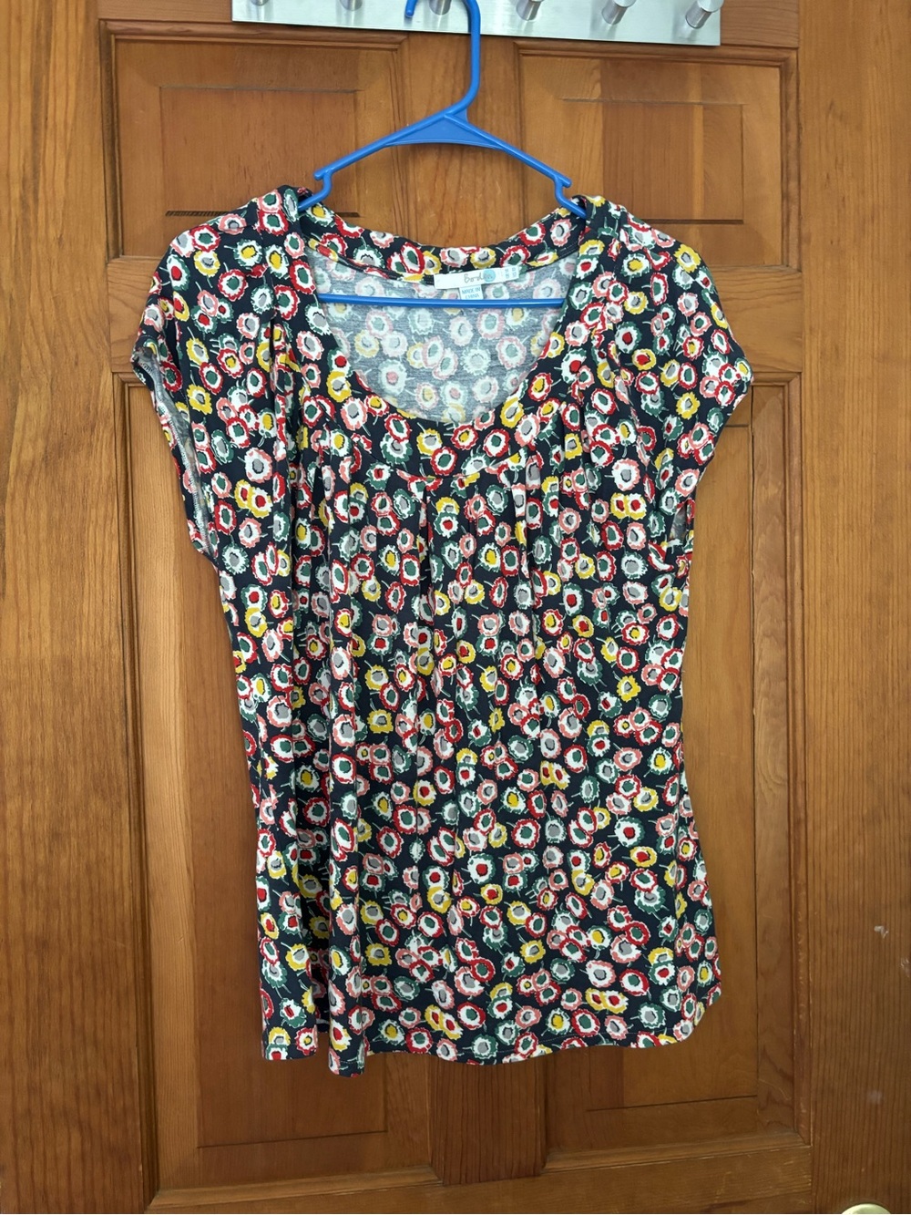Boden Blue Floral Scoop Neck Tee with Yellow & Red Accents
